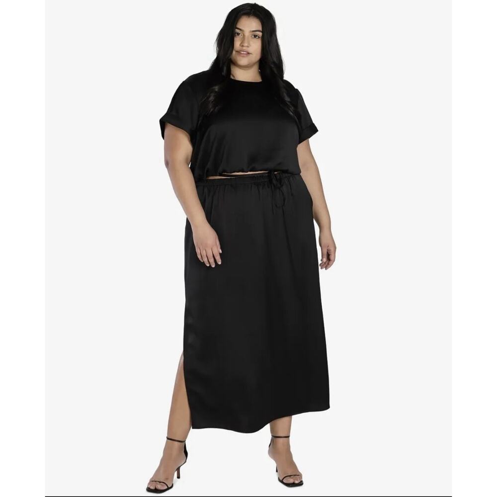 NWT Bar III Nicole Williams English Satin Maxi Skirt Pull On Black Plus Size 3X